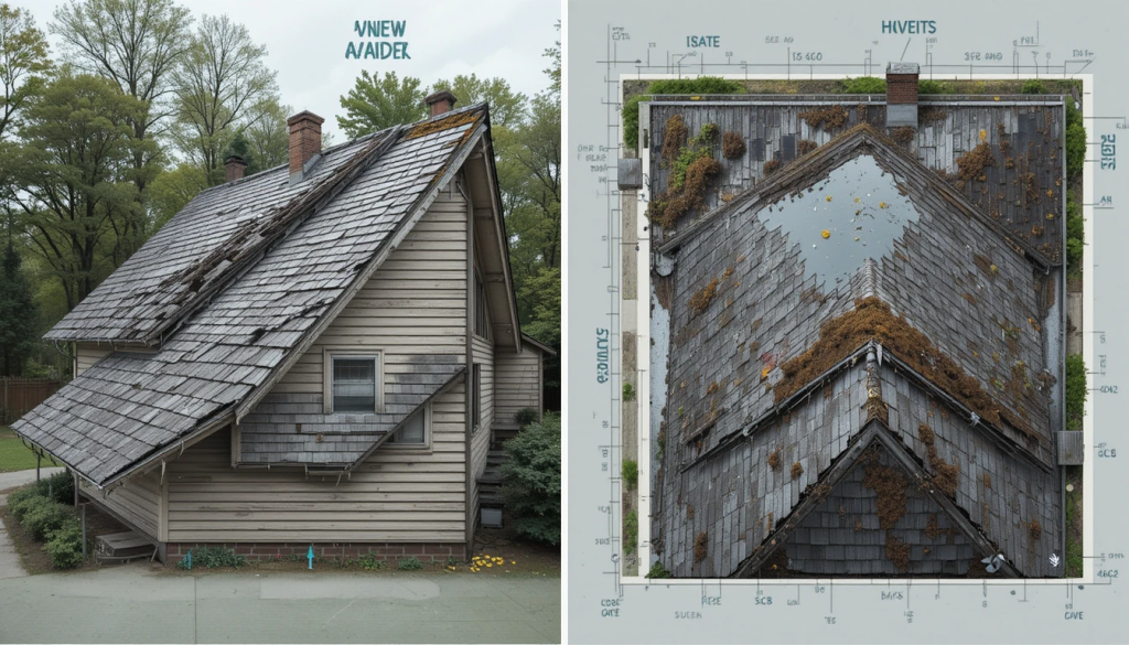 sagging roofline,-leaks or water stains-